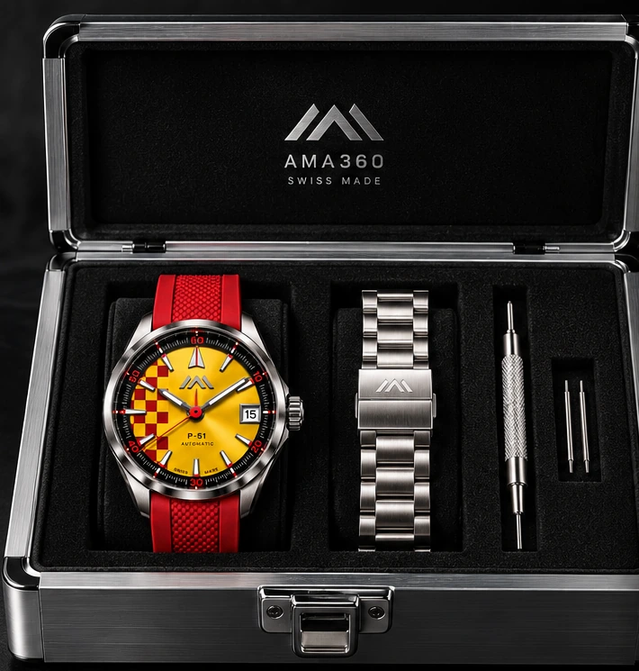 AMA P-51 yellow dial with red rubber strap, spare steel bracelet and strap-changing tool in aluminum presentation case