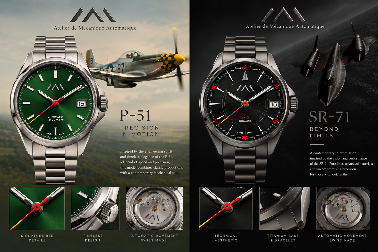 AMA360 P-51 Mustang and SR-71 Blackbird automatic watches